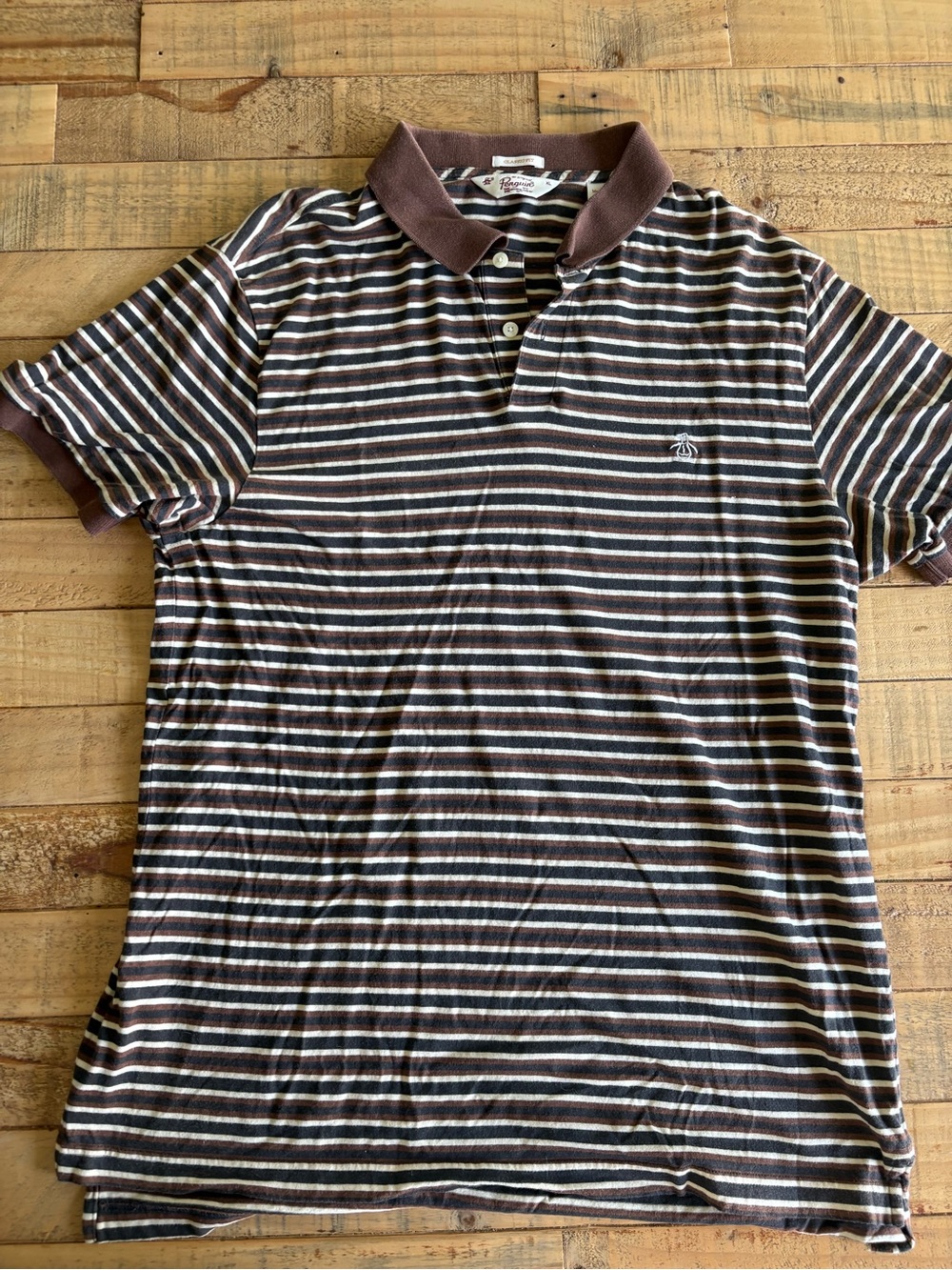 Original Penguin Men's Brown and Cream Striped Polo